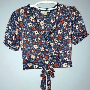 Monteau Los Angeles Floral‎ Wrap Cropped Top - Blue, Cream, Mauve size XL